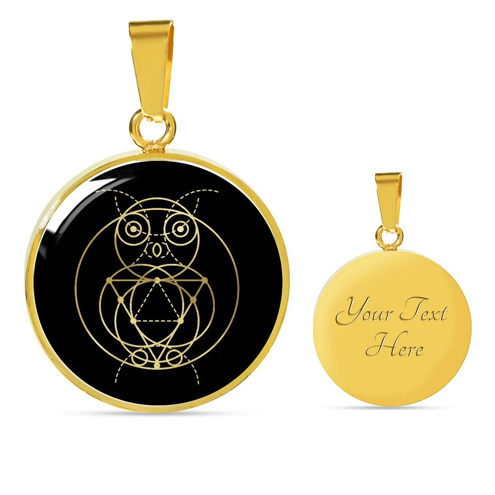 Sacred Geometry The Owl Personalized Engraved Gold Circle Necklace Custom Name